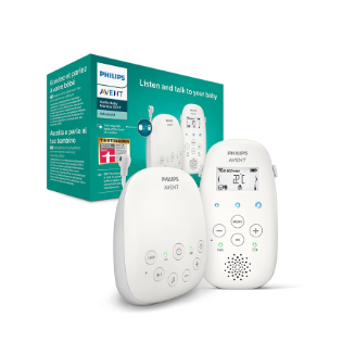 Philips Avent Audio Babyphone, Babyeinheit und Elterneinheit, Produktkarton im Hintergrund